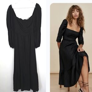 Refromation Black Dress Midi Puff Sleeve Square Neck Formal Evening SZ 8 Medium